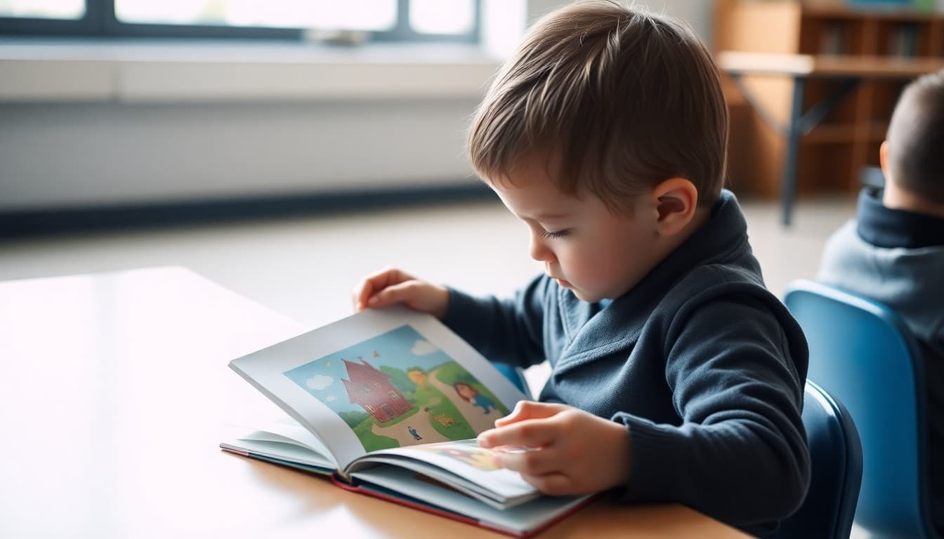 Child sitting with a picture book looking at illustrations with interest