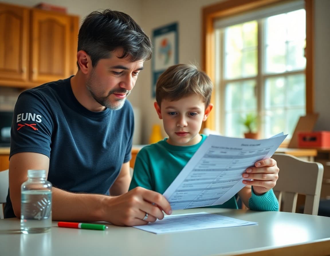 Parent reviewing immunization records at a kitchen table before school registration