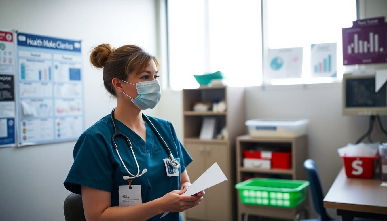 School nurse in a clinic office with health charts and supplies visible