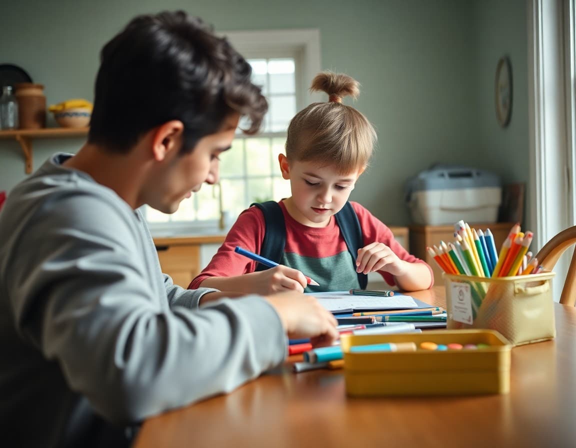 Parent and child labeling school supplies together at a kitchen table