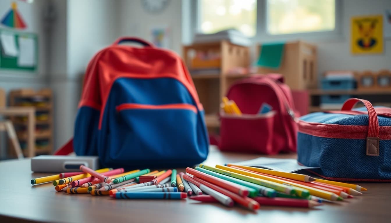 Kindergarten school supplies spread on a table including crayons backpack lunchbox and pencils