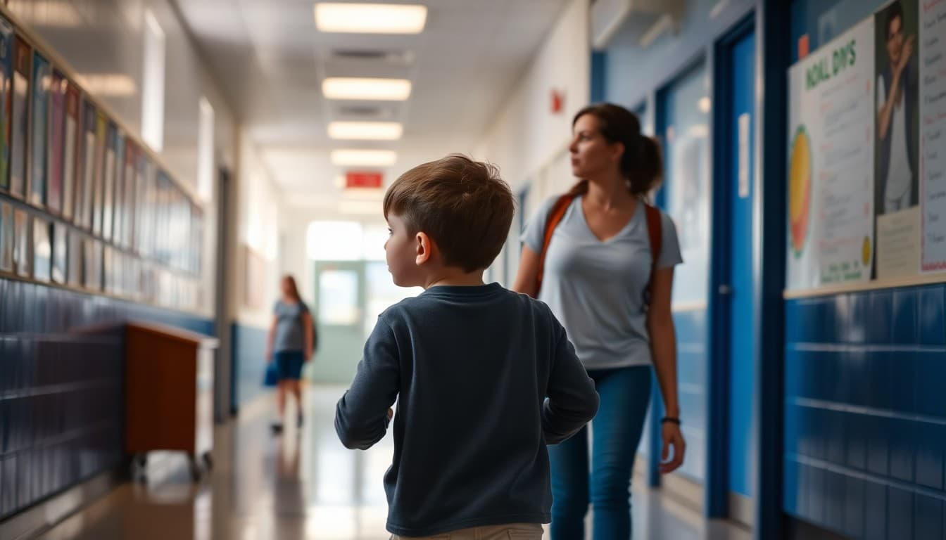 Child and parent walking through an elementary school hallway looking around together