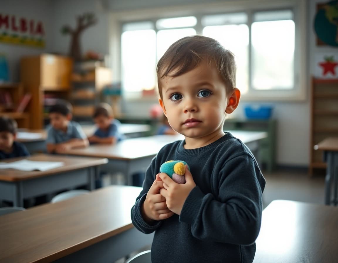 Child holding a small comfort item in a kindergarten classroom looking calm