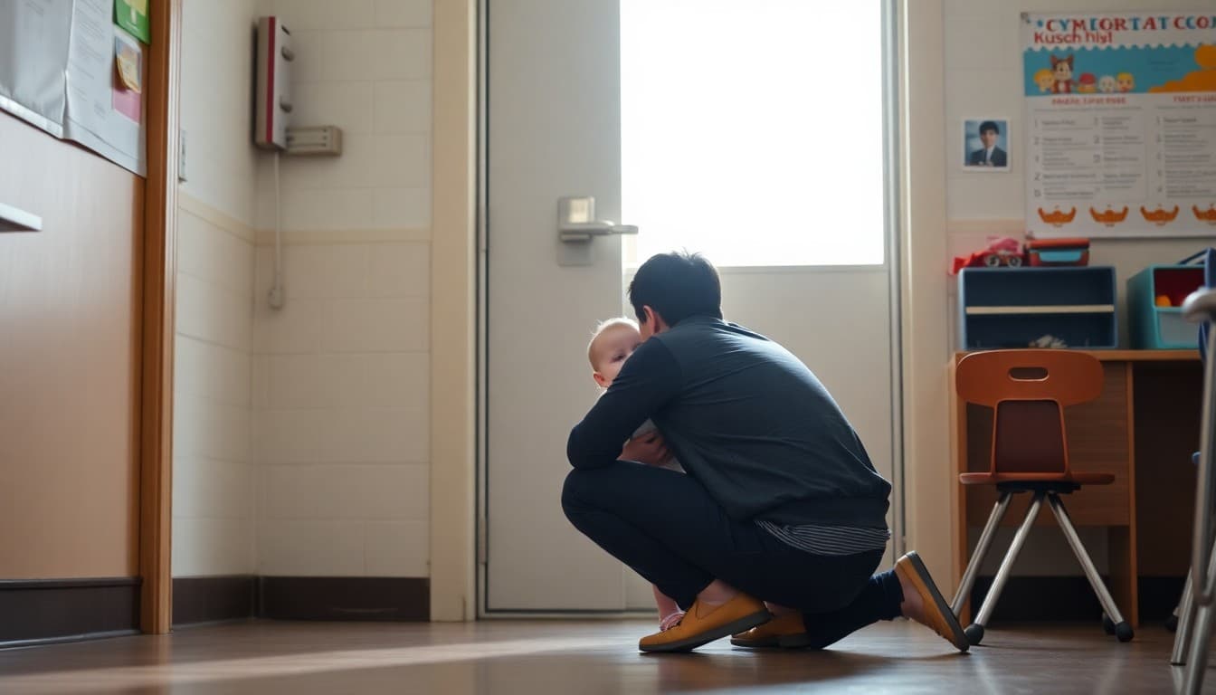 Parent kneeling to say goodbye to tearful child at kindergarten classroom door
