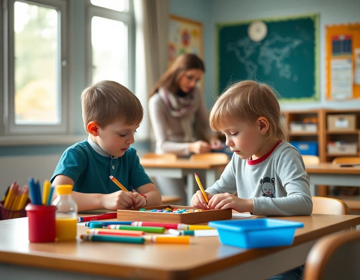 Two children sharing art supplies together at a kindergarten table with teacher nearby