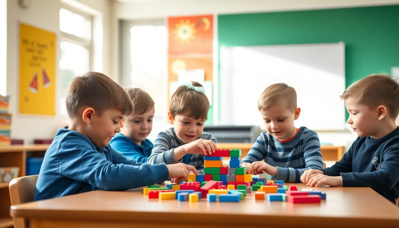 Group of kindergartners working together at a table building something with blocks