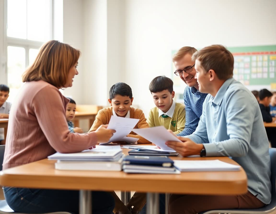 Parent meeting with school team at a table reviewing documents together