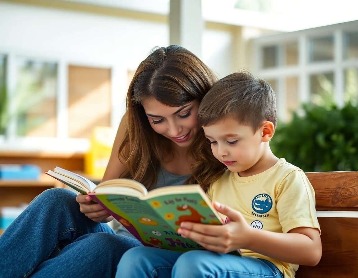 Parent and kindergartner reading books together outside on a warm summer day