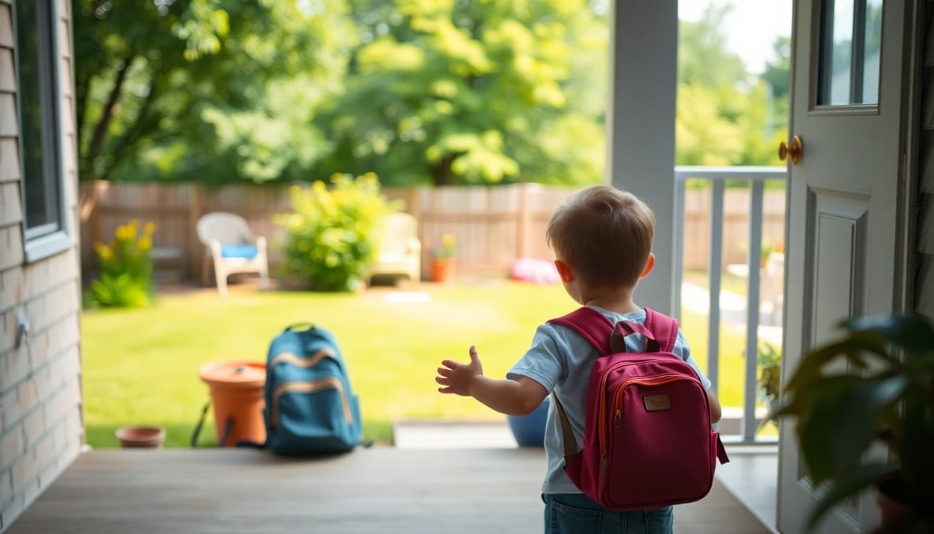 Child playing in a backyard on a summer afternoon with a school backpack visible on the porch