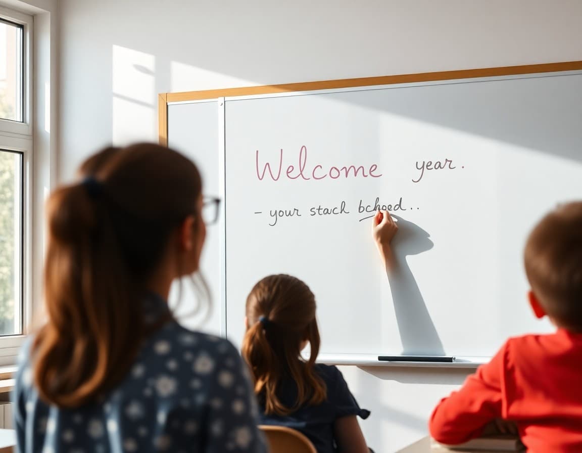Teacher writing a welcome message on a whiteboard before the school year begins