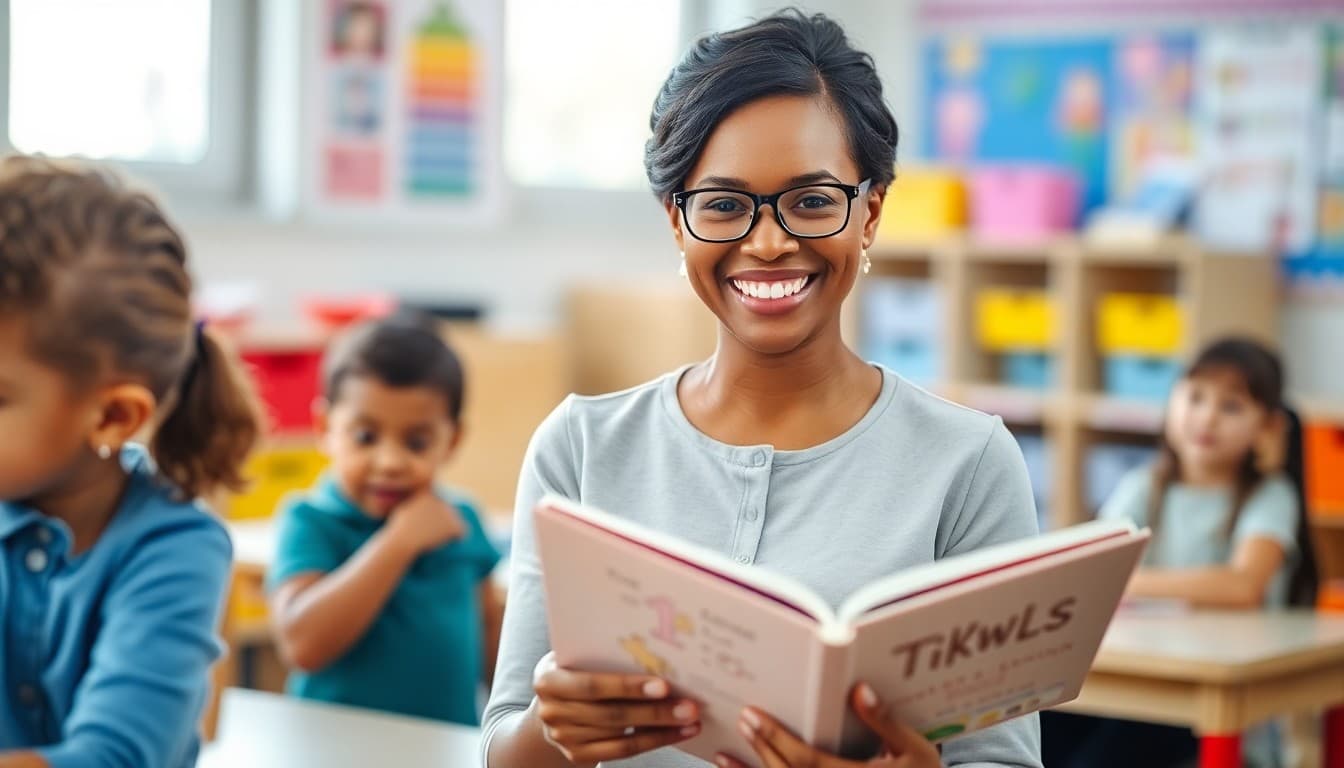Kindergarten teacher smiling in a colorful classroom holding a book