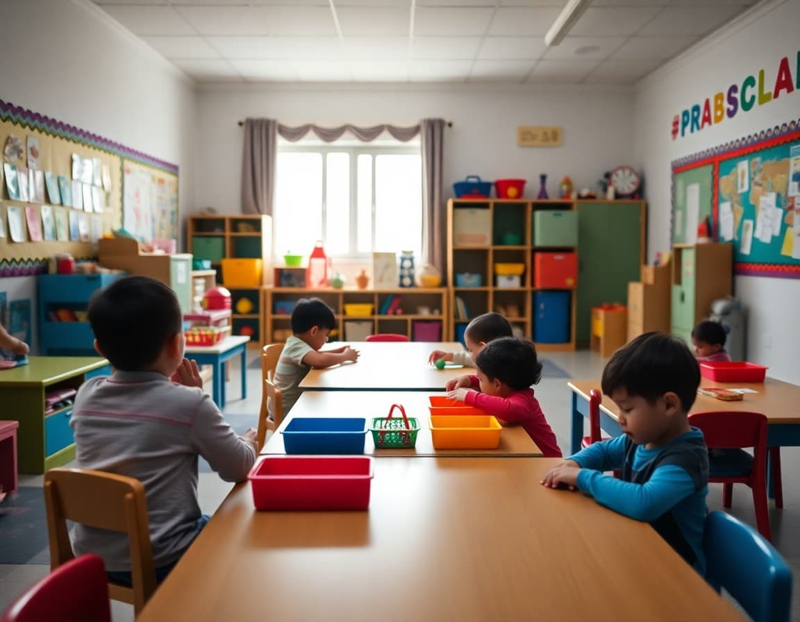 Kindergarten classroom with colorful learning centers and children working at tables