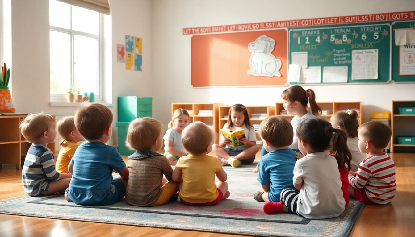 Kindergartners sitting on a rug during circle time with a teacher reading a book