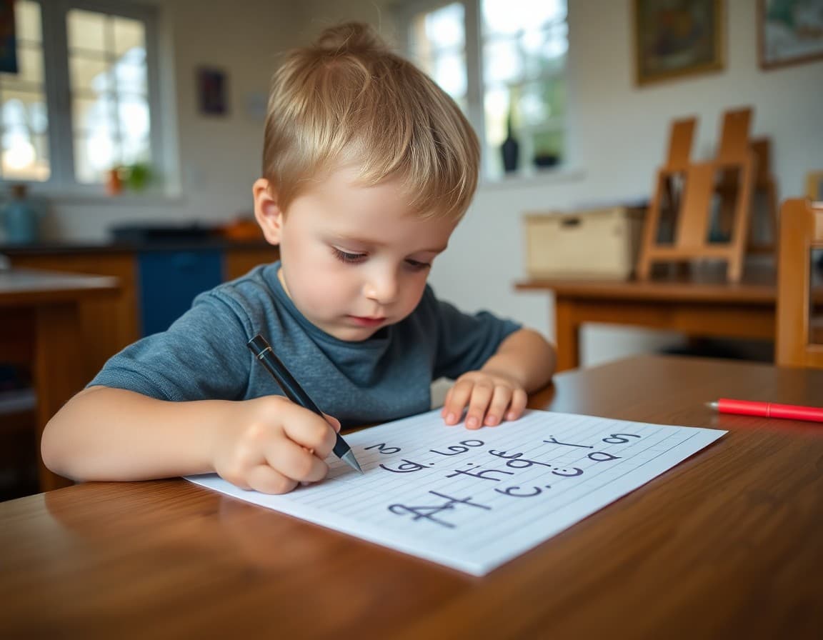 Young child carefully forming letters on wide-lined paper during writing practice at kitchen table