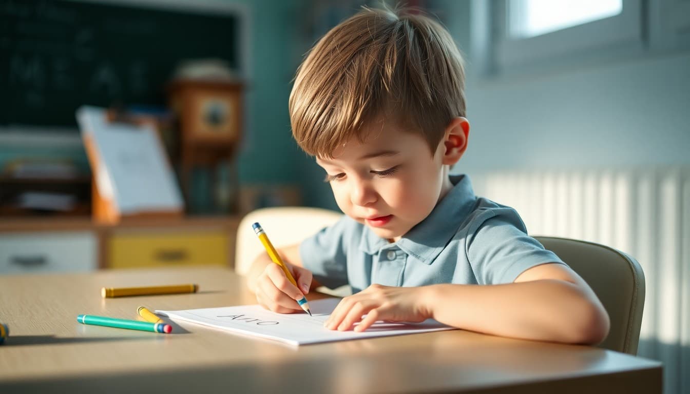 Kindergartner practicing letter formation at home desk with pencil and writing paper