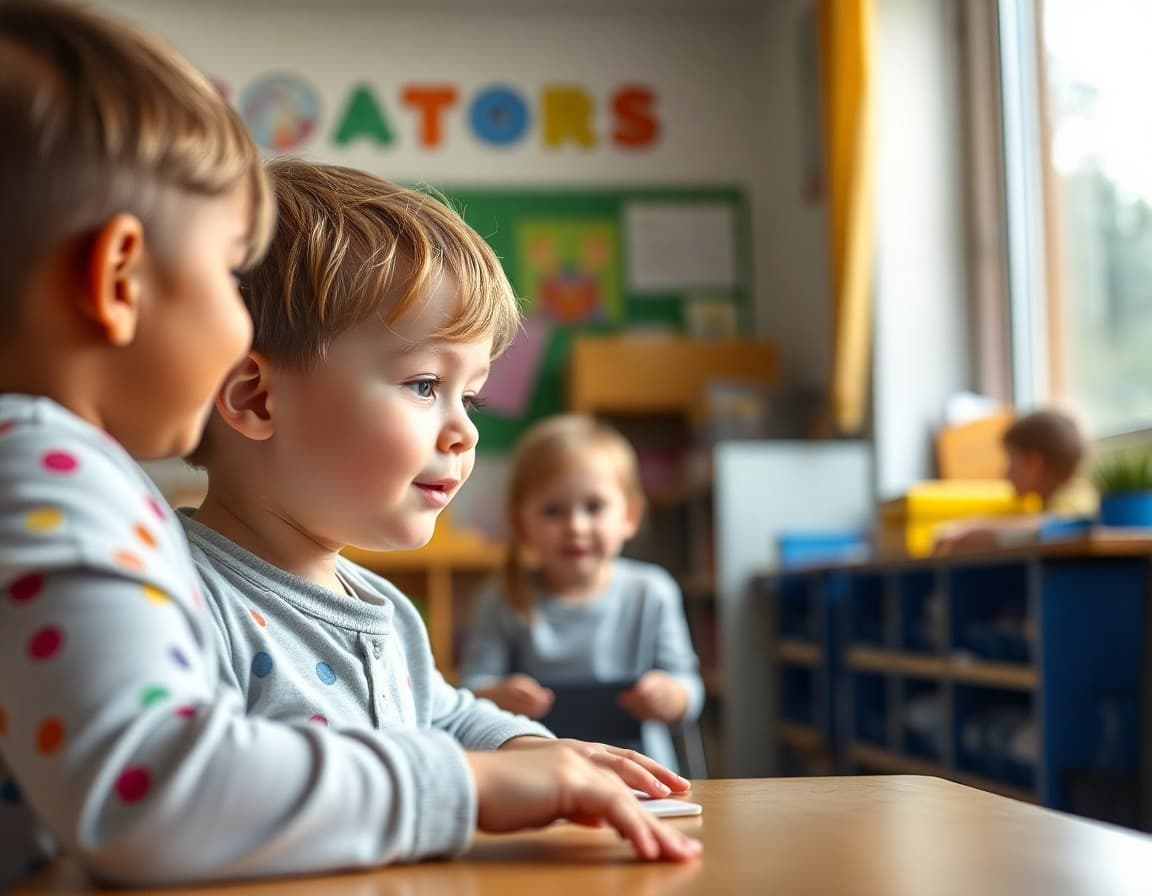 Child moving from preschool to kindergarten exploring new classroom with teacher guidance