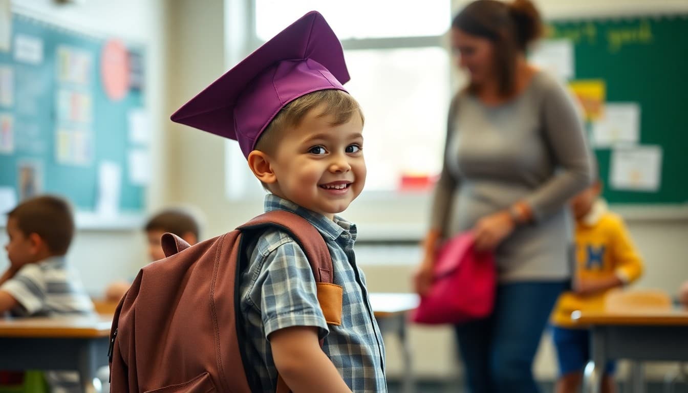 Pre-K graduate transitioning to kindergarten classroom with parent support and new backpack