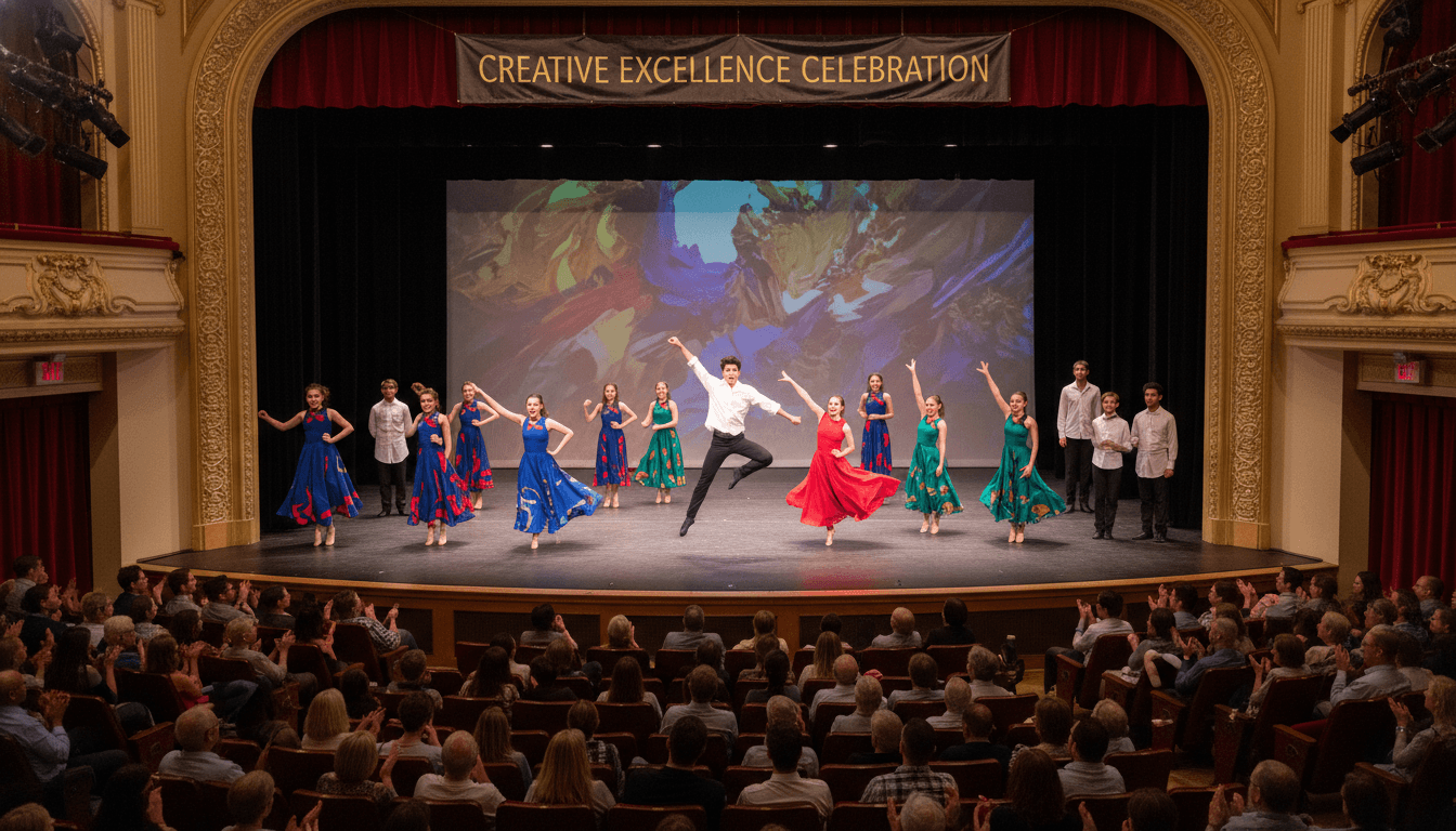 Arts magnet school students performing on stage in a professional theater setting with spotlights and a full audience watching from the seats