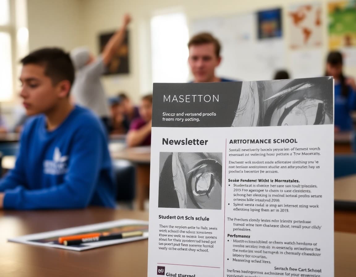 Arts magnet school newsletter with student work gallery, performance schedule, and portfolio guidance