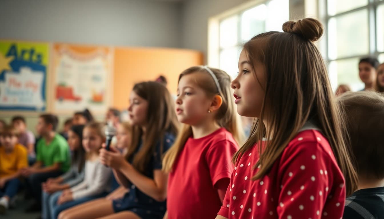 Students performing at an arts magnet school show with families in the audience