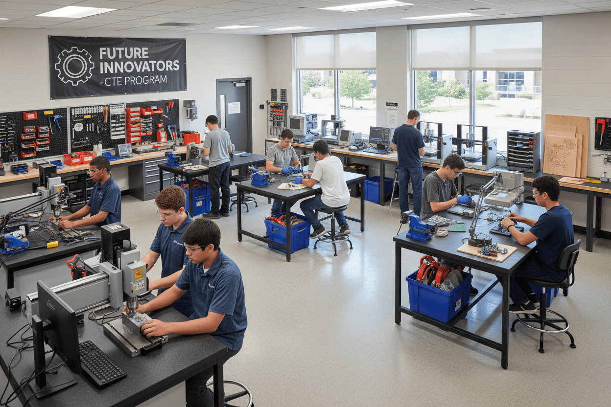A CTE magnet school newsletter on a tablet showing certification milestones, internship opportunities, and industry partner news