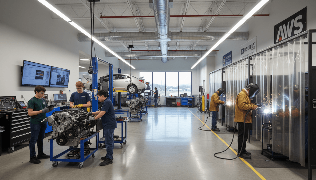 CTE magnet school students in a professional workshop environment working on automotive or construction training equipment