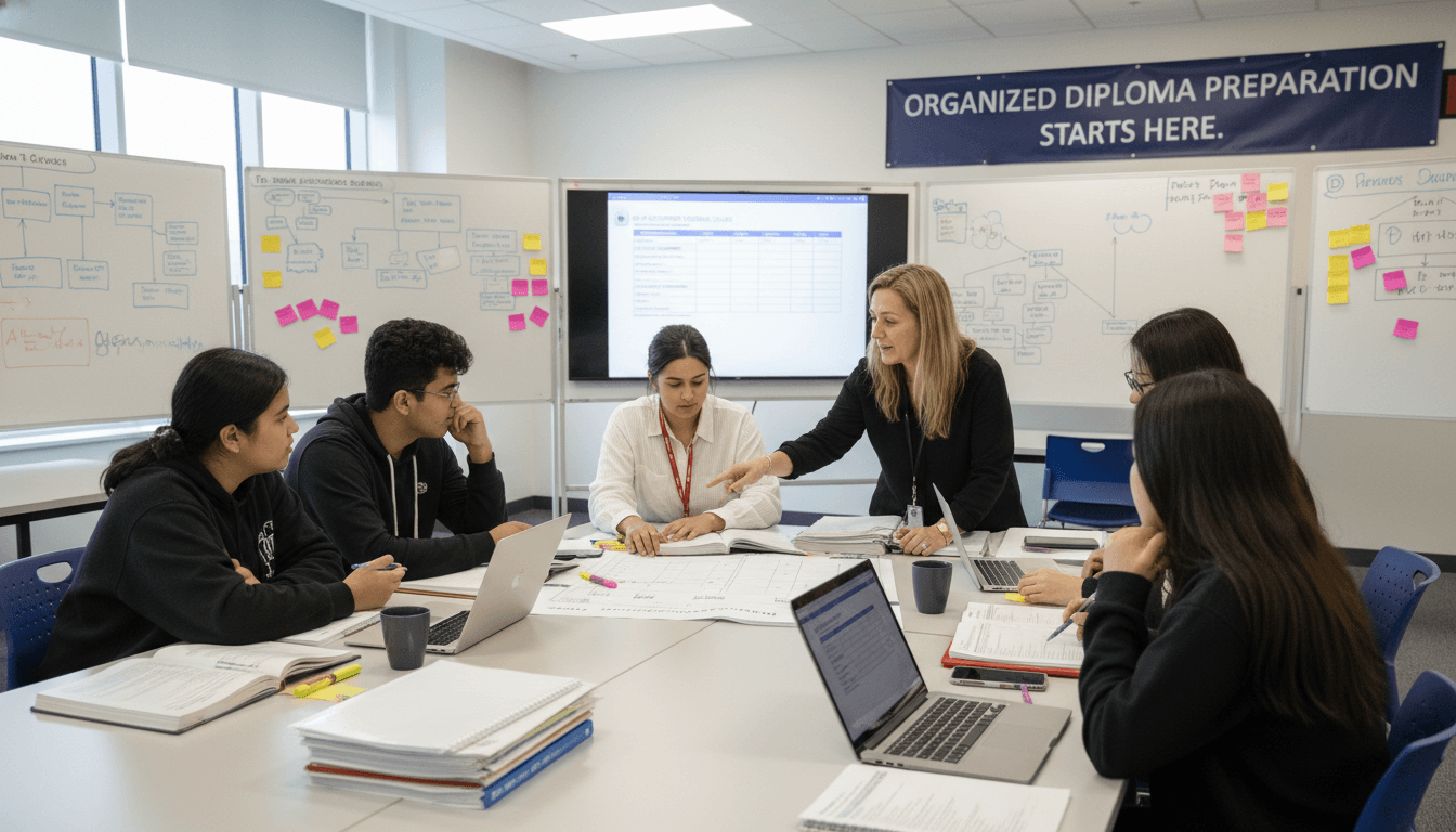 IB Diploma students studying at library tables surrounded by practice papers and subject guides