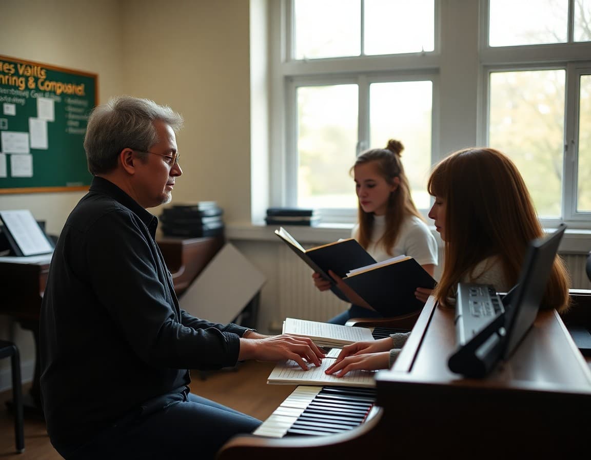 IB music teacher reviewing composition portfolios with students at a piano