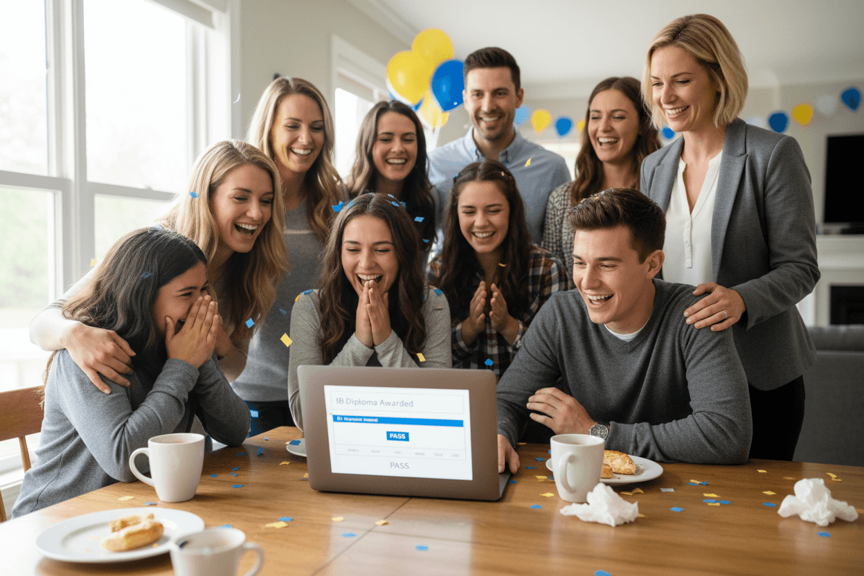 An IB results day newsletter on a laptop screen showing diploma statistics, celebration news, and next steps guidance
