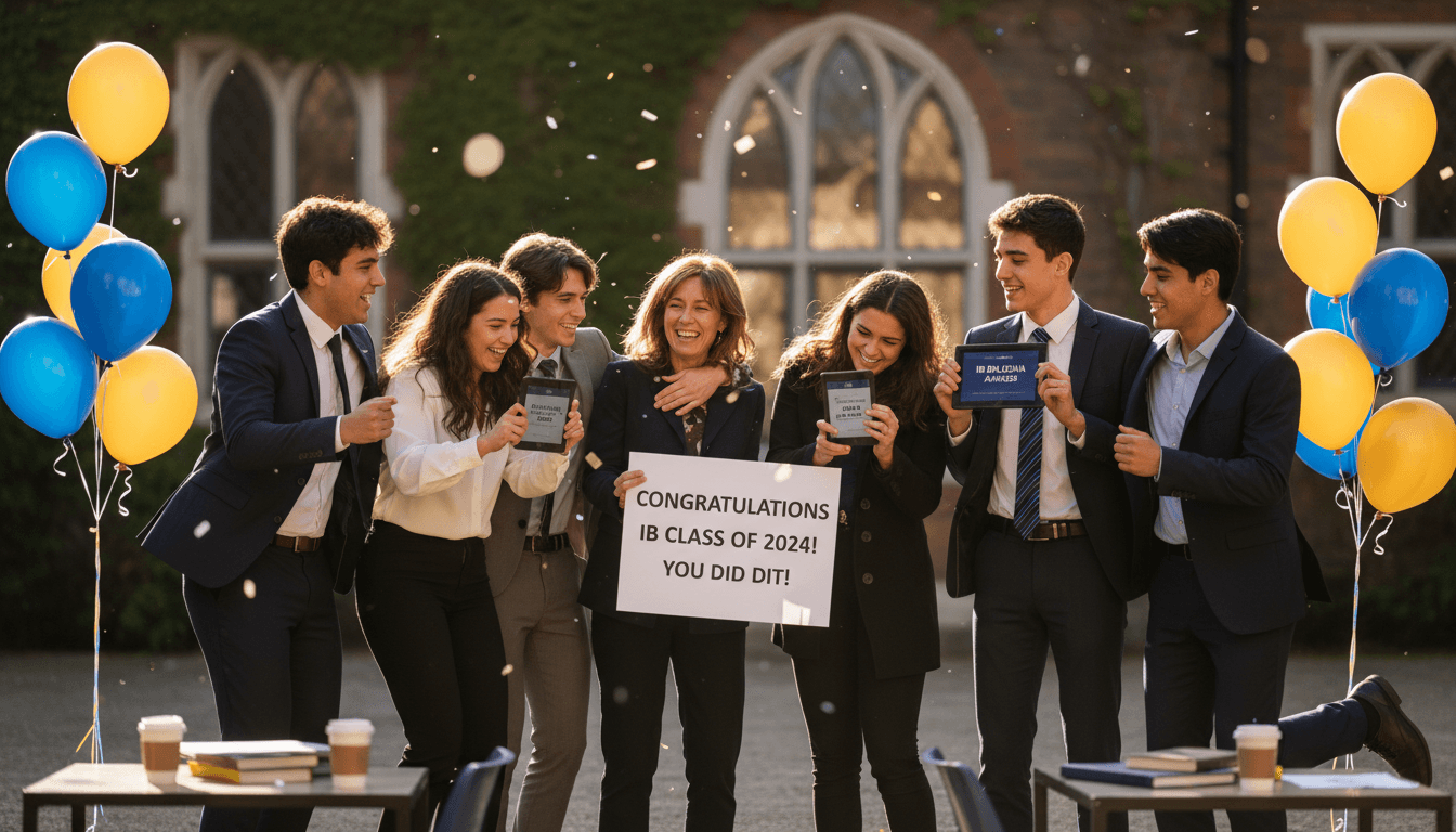 IB Diploma students celebrating results day together outside their school, holding their result printouts