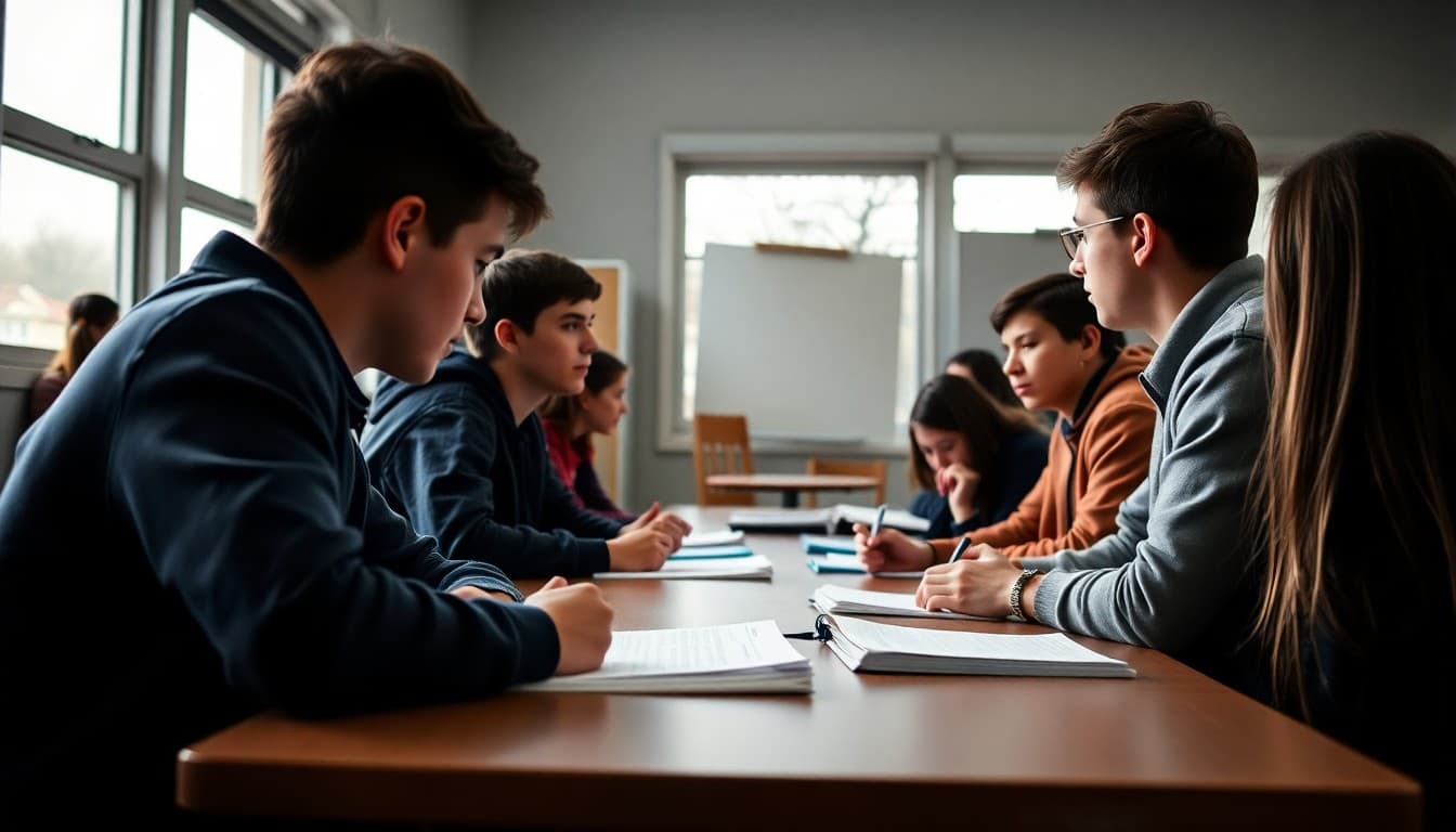 Language arts magnet students in competitive debate preparation session at school