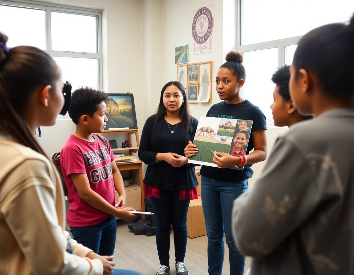 Magnet school alumna showing portfolio of work to current program students in studio