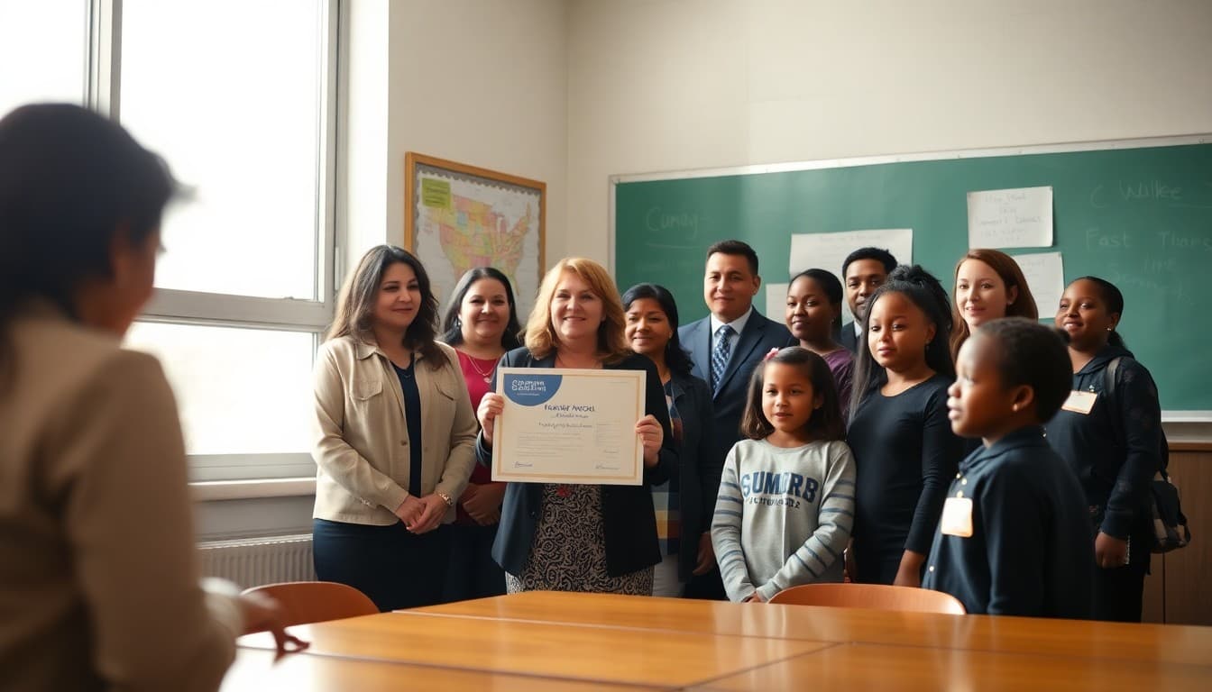 Magnet school principal celebrating federal magnet grant award with staff and students