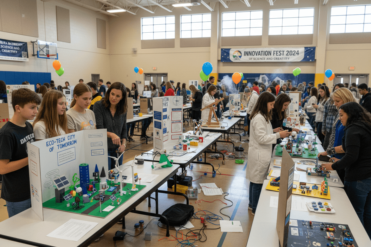 Two magnet school students explaining their collaborative project to a parent and teacher at a school showcase, with their project board and models displayed on a table