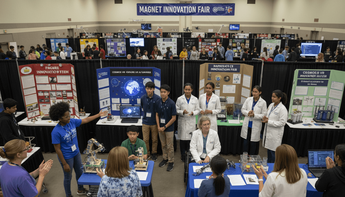 Magnet school students presenting their projects at a school showcase event with colorful displays and families gathered around to view the work