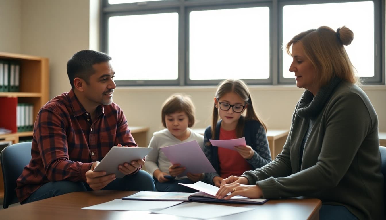 Family reviewing magnet school waitlist information with a calm school counselor