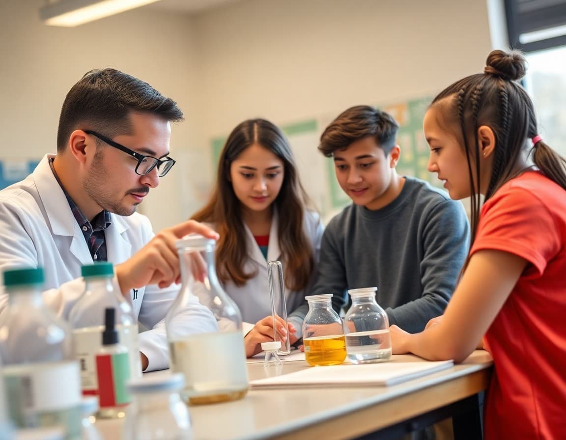 Science magnet teacher reviewing experimental data with student research team