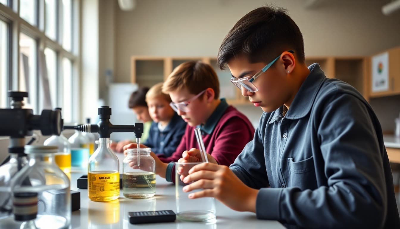 Science magnet school students conducting advanced laboratory experiments with equipment