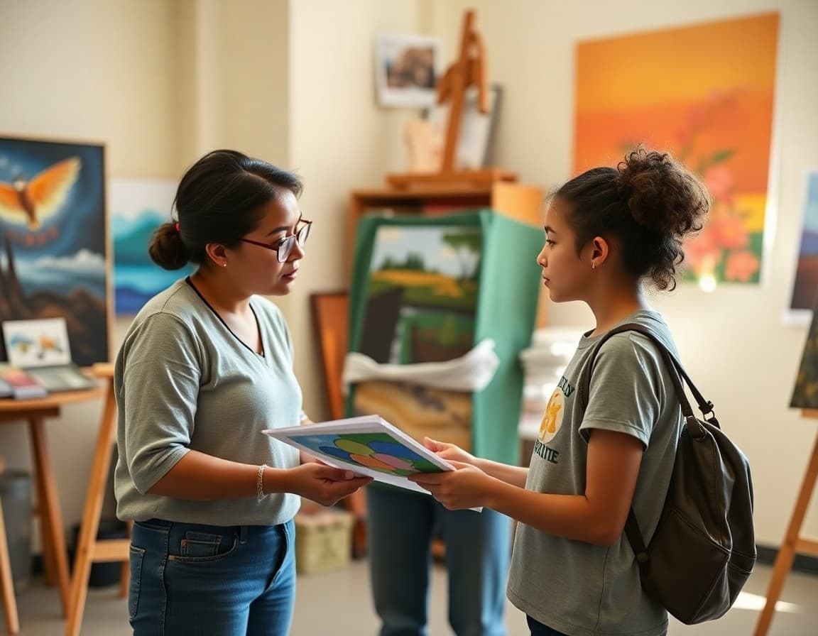 Art teacher reviewing portfolio development with visual arts magnet student in studio