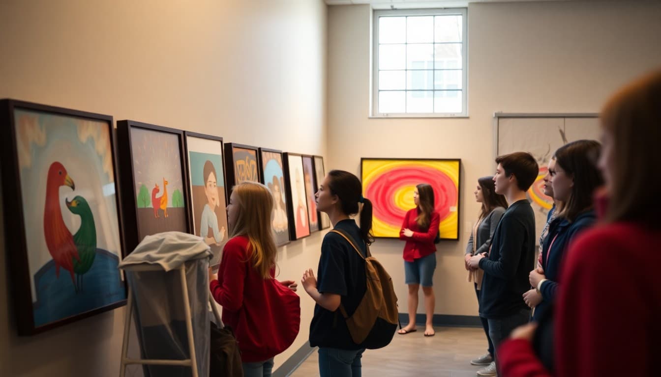 Visual arts magnet students displaying original artwork at school gallery opening event