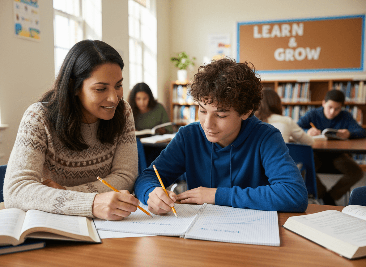 A parent and an eighth grader working through a linear function problem with a graphing notebook open