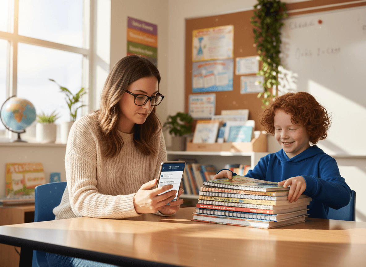 A parent reading an end-of-unit recap email on a phone while a child stacks math workbooks on the table