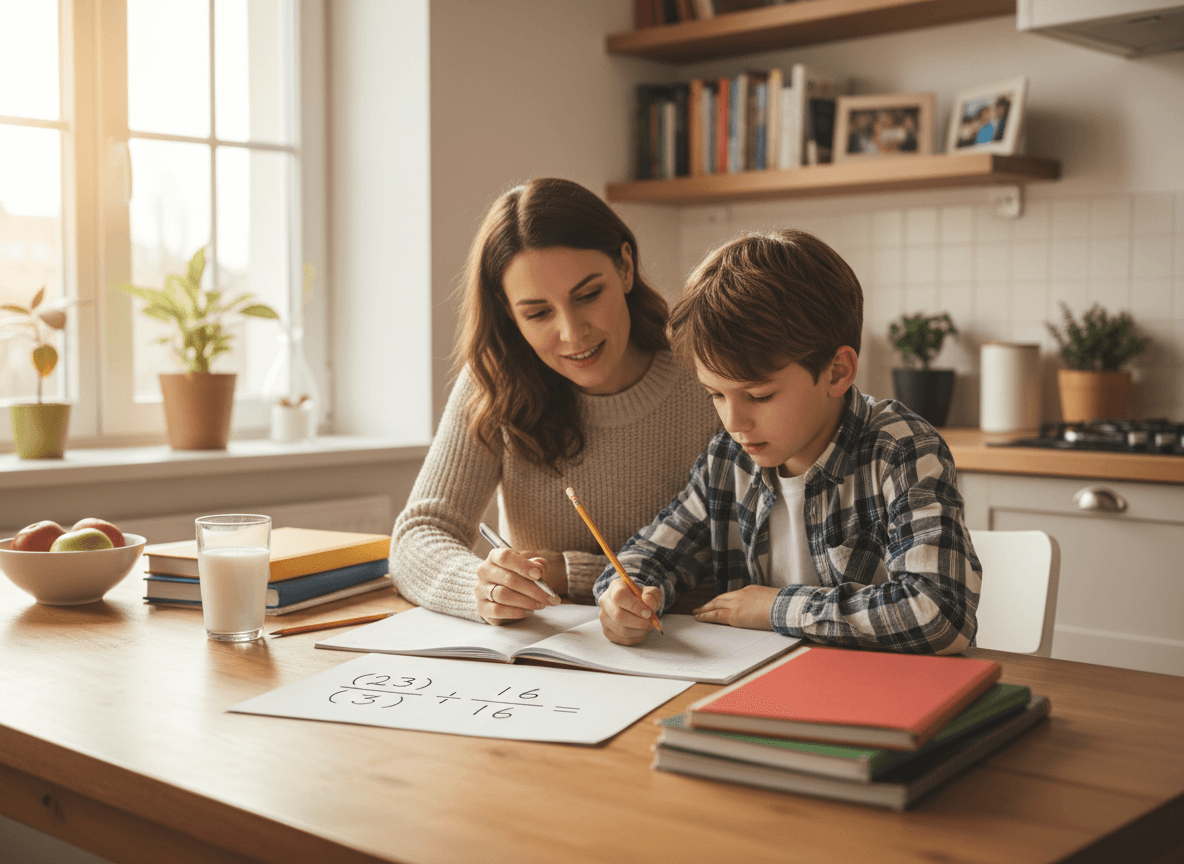 A parent and a fifth grader working through a fraction division problem at the kitchen table
