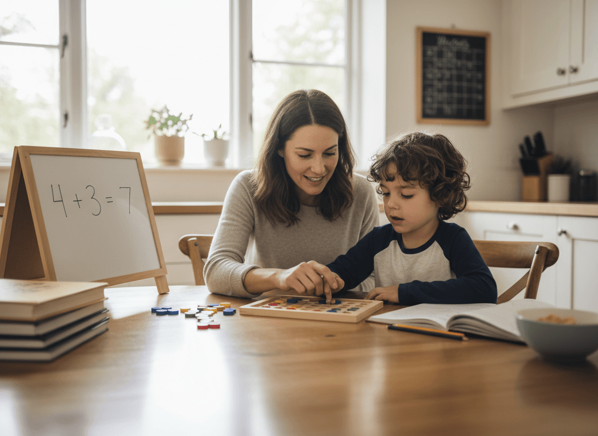 A parent and first grader using a ten frame and counters to solve an addition problem at the kitchen table