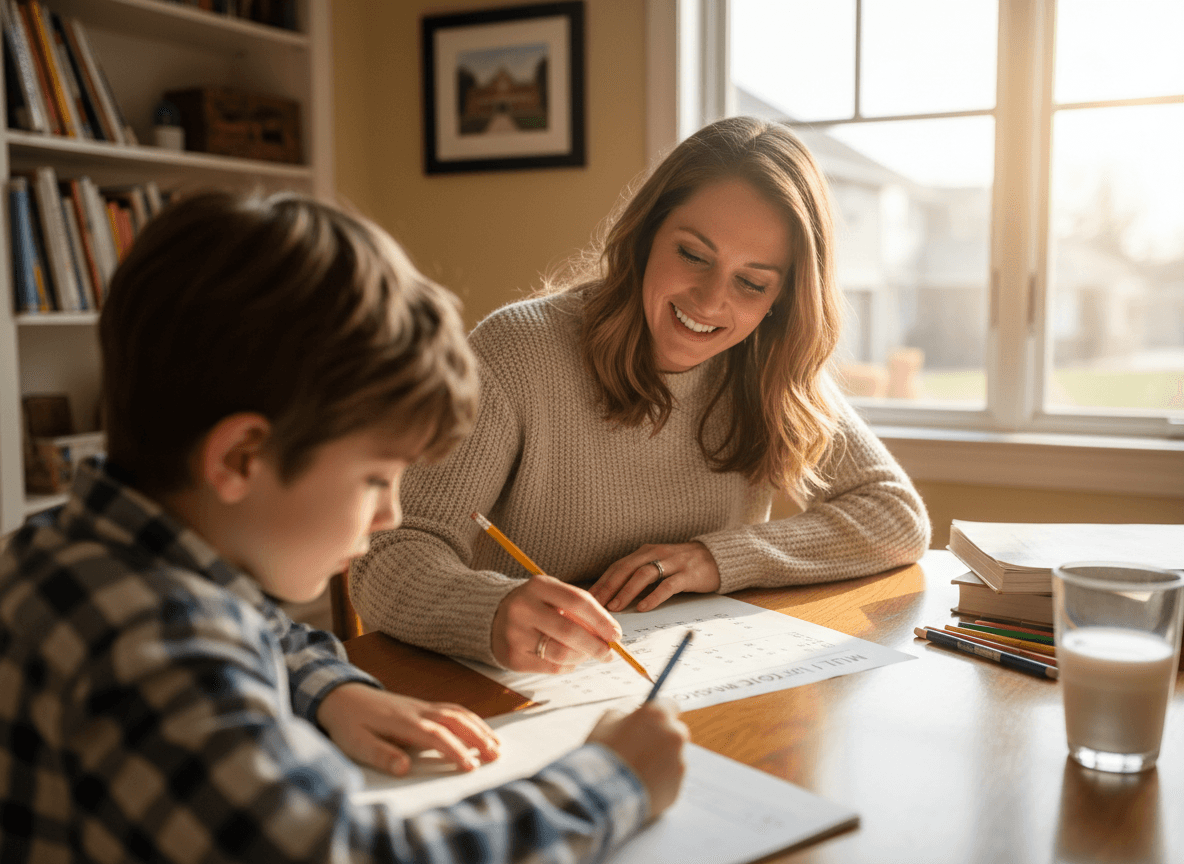 A parent and fourth grader working on a multi-digit multiplication problem at the kitchen table