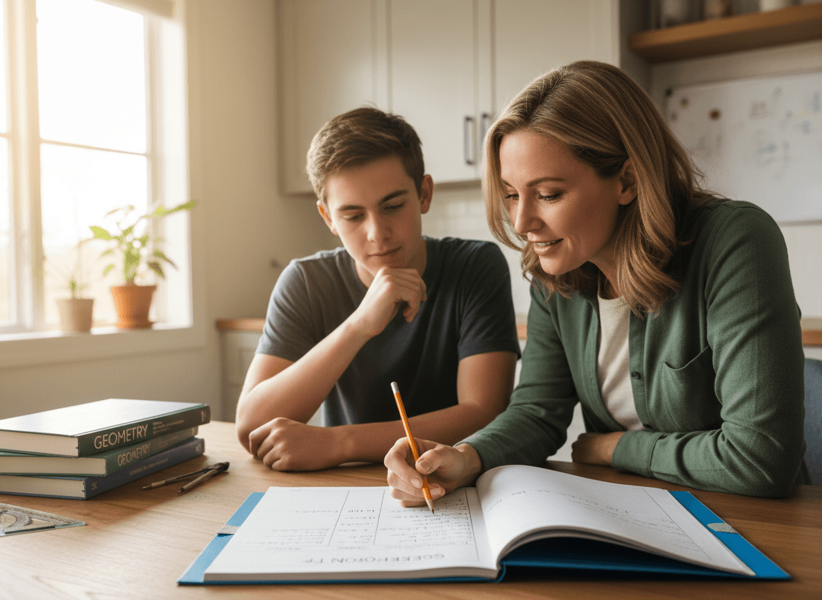 A parent looking at a tenth grader's two-column proof in a geometry notebook at the kitchen table