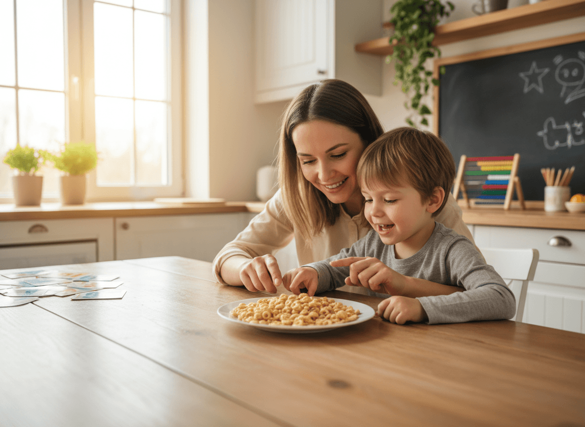 A parent and kindergartener counting cheerios on a kitchen plate as a math activity