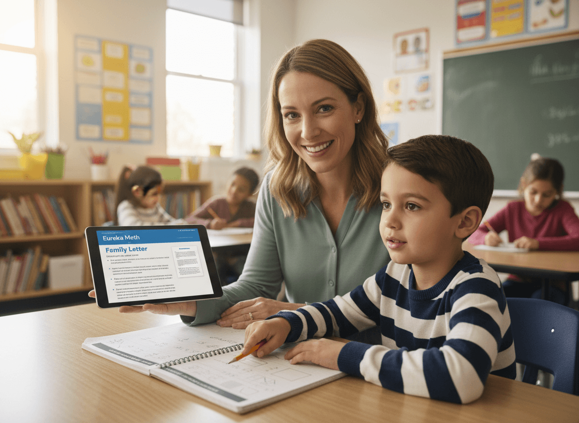 A parent holding a Eureka Math family letter PDF on a tablet beside an open homework page