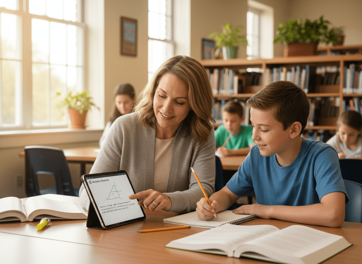 A parent and seventh grader reviewing an Illustrative Math practice problem together at the table