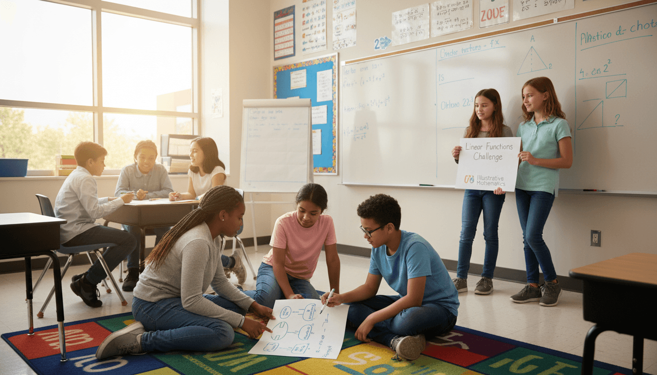 Middle school students working in pairs on an Illustrative Mathematics task with chart paper and markers